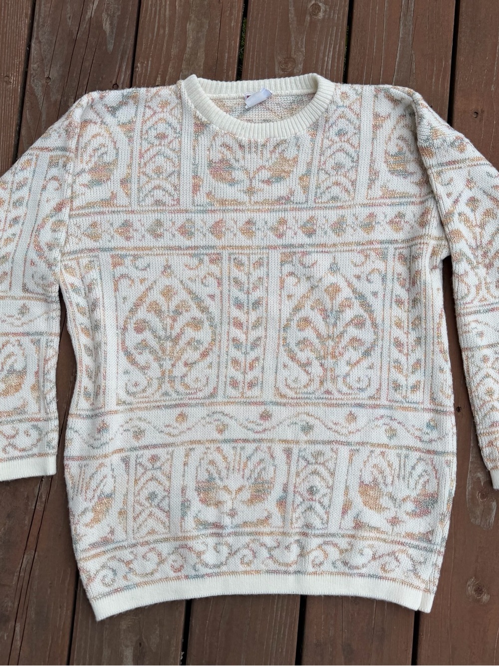Women's Cream Sparkly Knit Patterned Crewneck Sweater